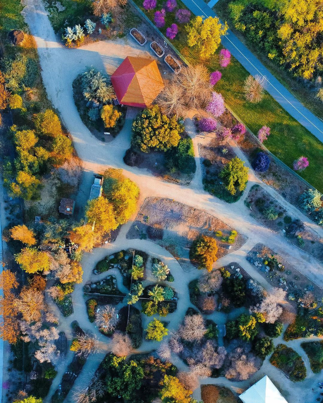 Aerial view of the pathways and landscaping at Clovis Botanical Garden