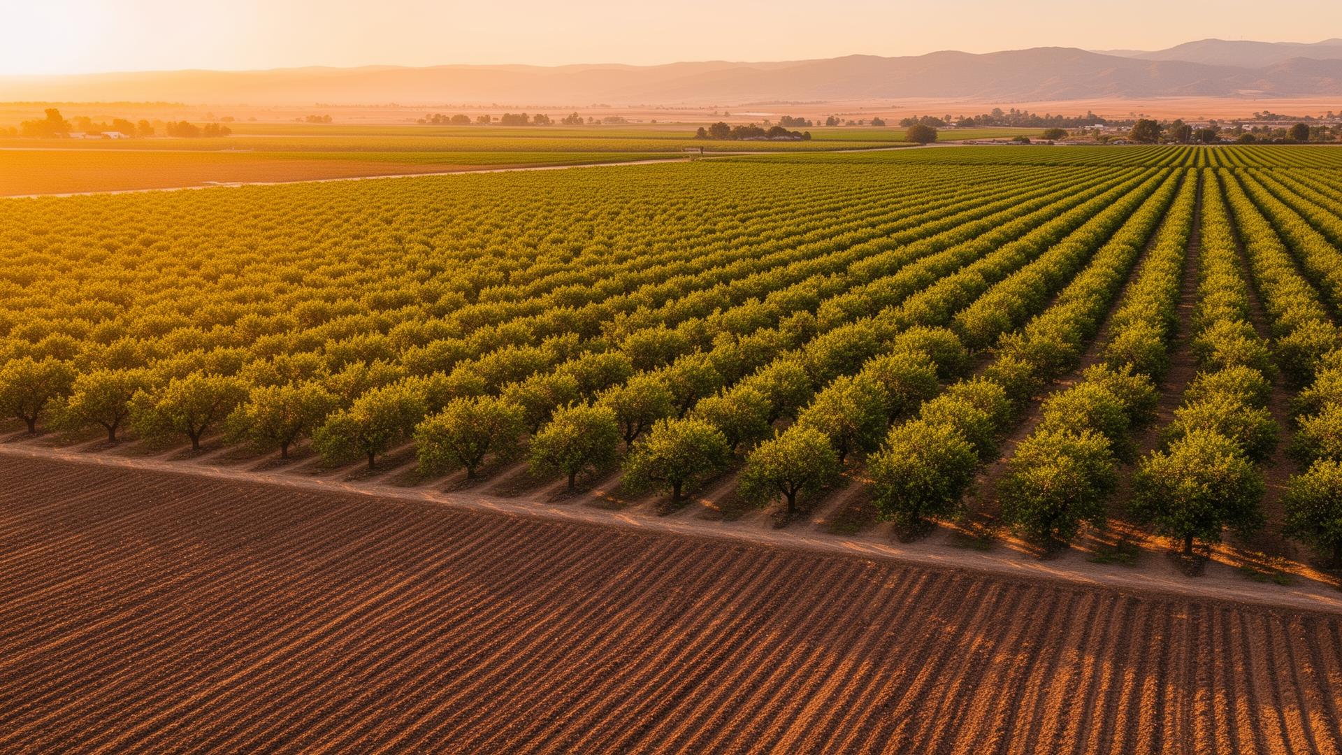 Aerial view of orchard rows at sunset in California's Central Valley